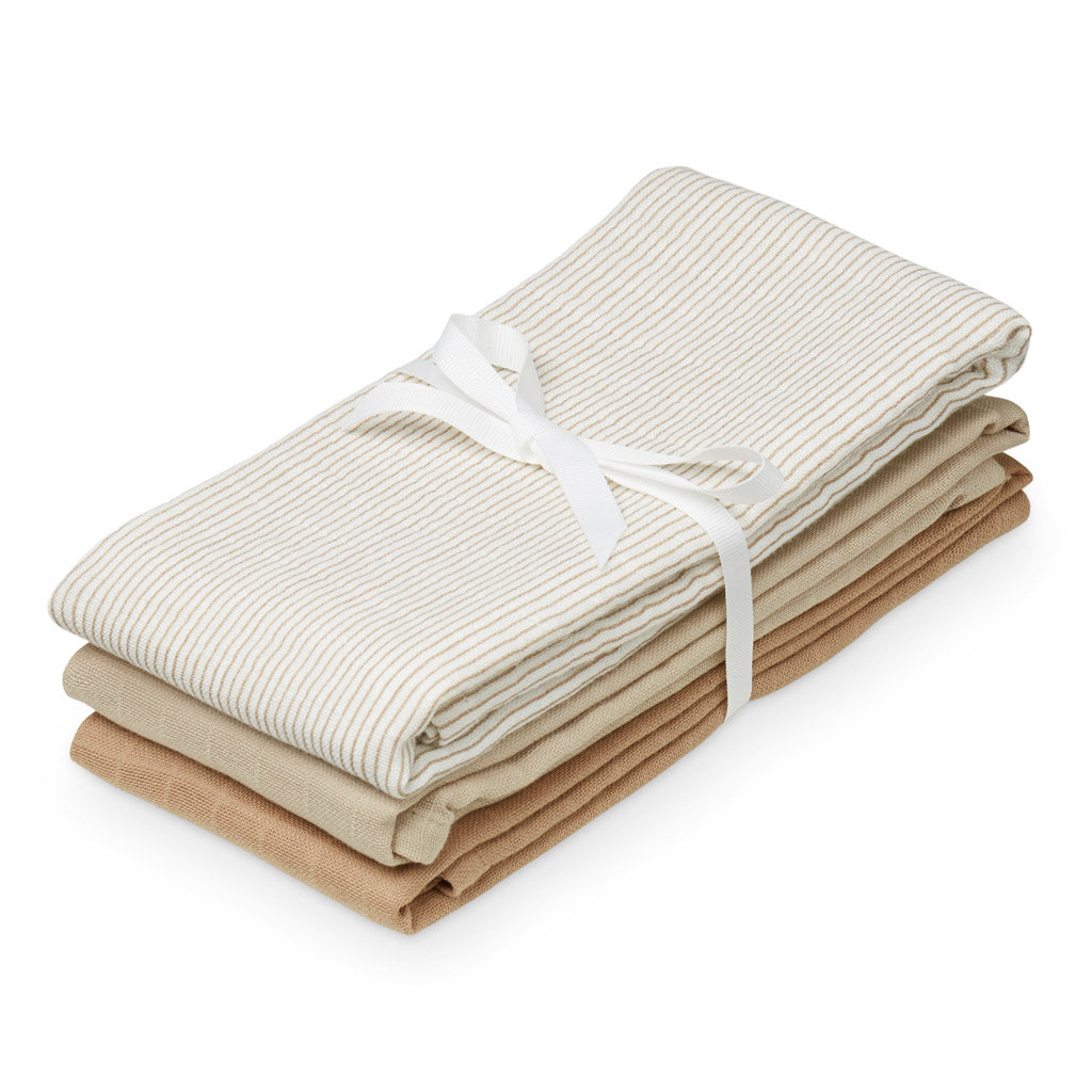 Musselin-Tuch, 3er-Pack – GOTS Mix Classic Stripes Camel, Latte, Camel