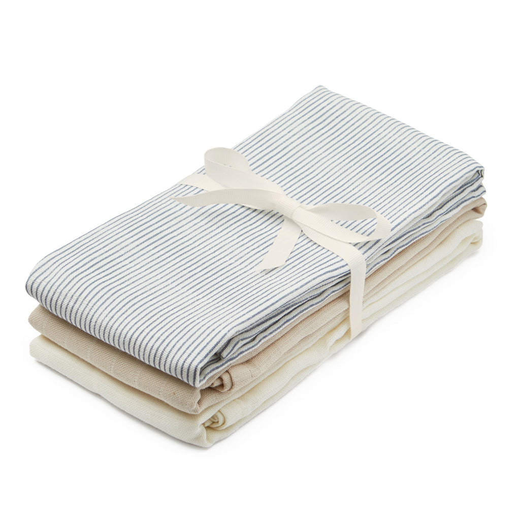 Musselin-Tuch, 3er-Pack – GOTS Mix Classic Stripes Blue, Praline, Creme White