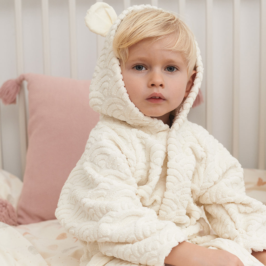 Bademantel, Kapuze mit Ohren, 1–2 Jahre – GOTS Off-White